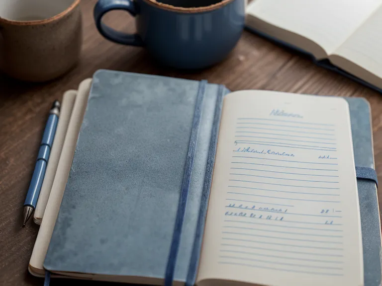 A blue notebook and coffee mug on a wooden table, representing a daily health log.