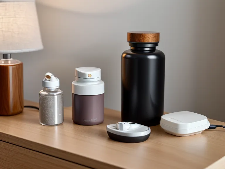 Hearing health supplements and hearing aids on a bedside table.
