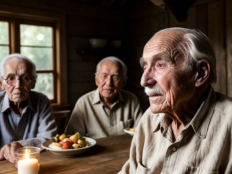 A happy senior man engaged in conversation at a family dinner table.
